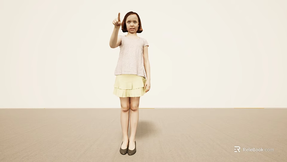 Young Girl Pointing Upward With Index Finger in Pink Short Sleeve Top Yellow Pleated Skirt 3d model 