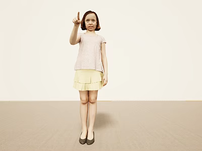 Young Girl Pointing Upward With Index Finger in Pink Short Sleeve Top Yellow Pleated Skirt 3d model