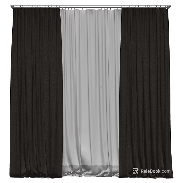 Modern Pleated Curtains in Dark Brown and Light Gray Linen Fabric for Home Window Decoration 3d model 