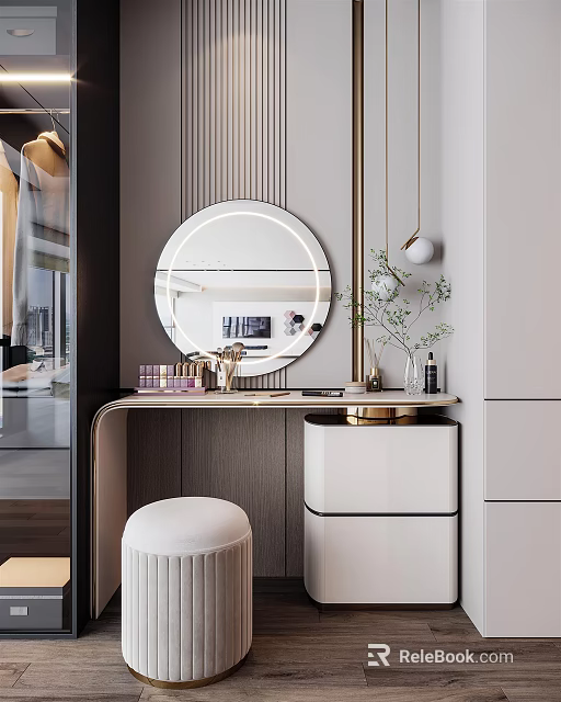 Modern Dressing Table Interior With Round Backlit Mirror Wooden Countertop And Padded Stool 3d model 