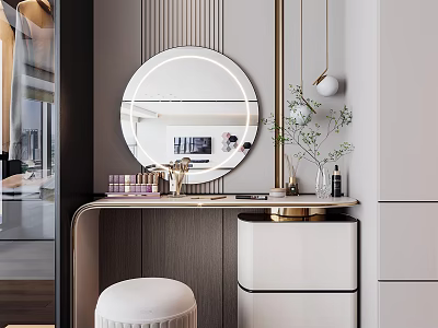 Modern Dressing Table Interior With Round Backlit Mirror Wooden Countertop And Padded Stool 3d model