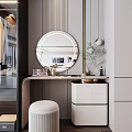 Modern Dressing Table Interior With Round Backlit Mirror Wooden Countertop And Padded Stool