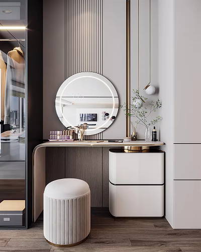 Modern Dressing Table Interior With Round Backlit Mirror Wooden Countertop And Padded Stool 3d model