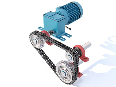 Industrial Power Transmission Equipment With Blue Motor Chain Drive And Metal Gears 3d model