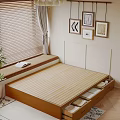 Cozy Double Bed Interior With Wooden Frame Window Blinds Curtains Framed Pictures And Pillows