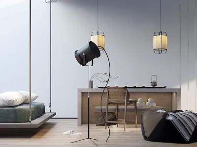 Modern Minimalist Hotel Room Interior With Hanging Lamps Wooden Bed And Floor Lamp 3d model