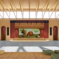 Spacious Auditorium Interior With Wooden Ceiling Stage Large Screen Arched Windows And Seats
