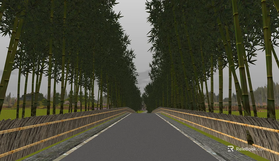 Scenic Garden Path Lined With Tall Bamboo Trees And Wooden Railings 3d model 