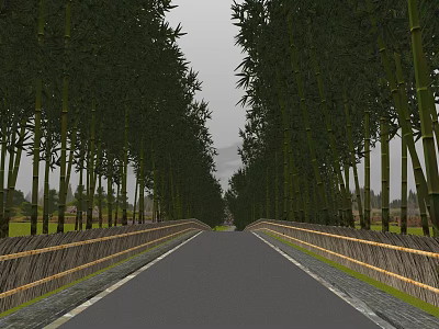 Scenic Garden Path Lined With Tall Bamboo Trees And Wooden Railings 3d model