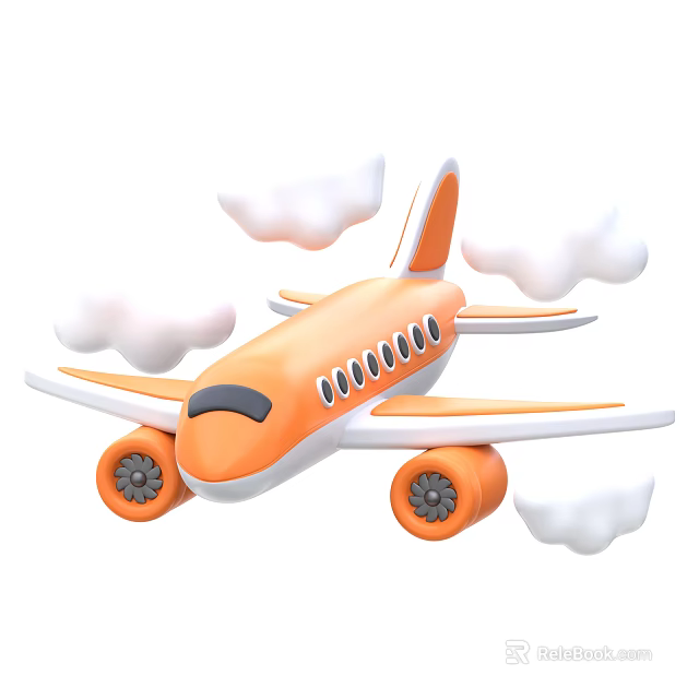 Cartoon Style Orange And White Airliner Flying With Clouds In Sky 3d model 