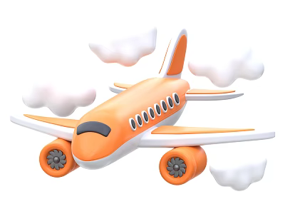 Cartoon Style Orange And White Airliner Flying With Clouds In Sky 3d model