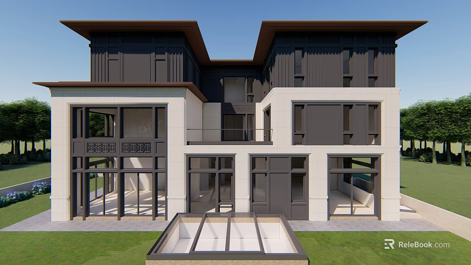 Modern Detached Villa Exterior With Large Glass Windows Dark Roof And Front Lawn 3d model 