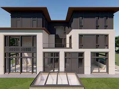 Modern Detached Villa Exterior With Large Glass Windows Dark Roof And Front Lawn 3d model