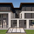 Modern Detached Villa Exterior With Large Glass Windows Dark Roof And Front Lawn
