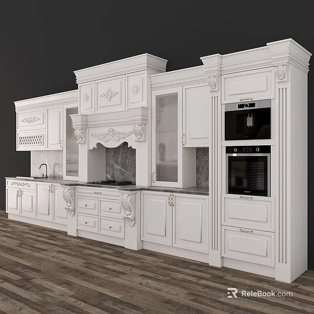 White European Style Kitchen Cabinets With Carved Details And Marble Countertops 3d model 
