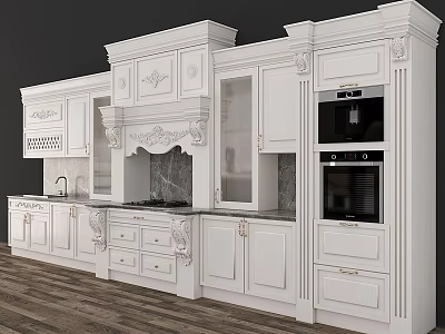 White European Style Kitchen Cabinets With Carved Details And Marble Countertops 3d model