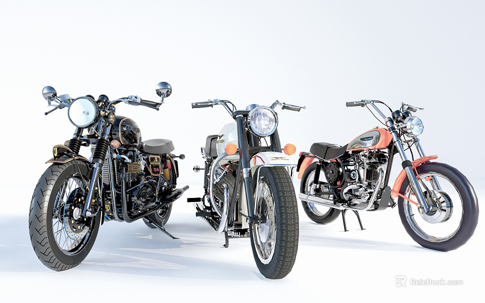 Vintage Classic Motorcycles Collection Featuring Retro Design And Custom Details On White Background 3d model 