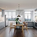 Modern Dining and Living Area with Wooden Table Chairs Marble Wall Hanging Lamp and Cabinets