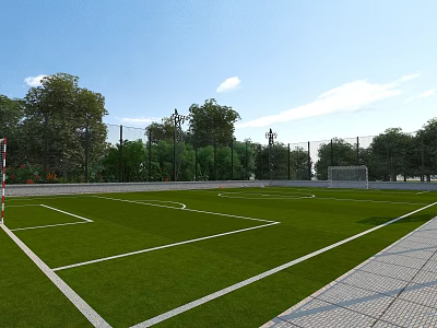 Football Field With Green Artificial Turf White Markings Goalpost And Trees Around Fence 3d model