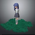 Anime Character With Blue Hair And Purple Eyes Standing On Green Grass Field