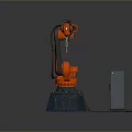 Industrial Robotic Arm Handling Circular Workpiece With Control Cabinet And Warning Zone