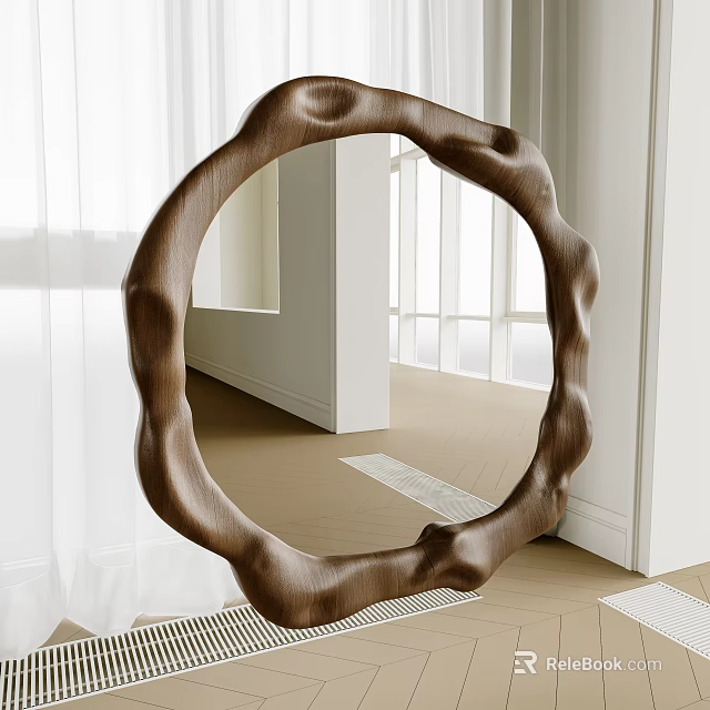 Irregular Edge Brown Wooden Mirror in Modern Interior With White Curtains And Windows 3d model 