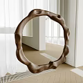 Irregular Edge Brown Wooden Mirror in Modern Interior With White Curtains And Windows
