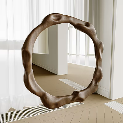 Irregular Edge Brown Wooden Mirror in Modern Interior With White Curtains And Windows 3d model