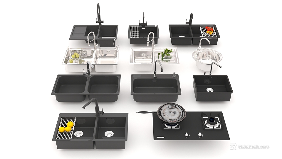 Modern Kitchen Sinks With Double Single Bowl Designs Faucet And Drainer Features 3d model 