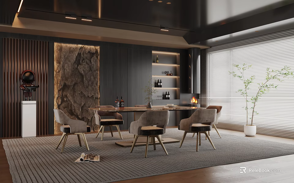 Luxurious Restaurant Interior With Wooden Dining Table And Modern Chairs 3d model 