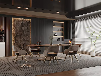 Luxurious Restaurant Interior With Wooden Dining Table And Modern Chairs 3d model