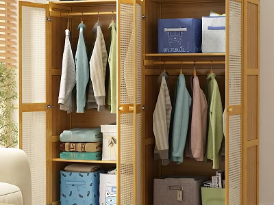 Organized Wardrobe Interior With Hanging Clothes Storage Boxes And Folded Garments 3d model