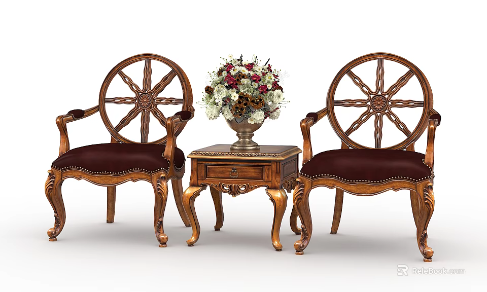 Wooden Leisure Chair Set Wheel Shaped Backrest Carved Dark Red Cushions Side Table Vase 3d model 