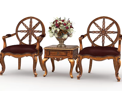 Wooden Leisure Chair Set Wheel Shaped Backrest Carved Dark Red Cushions Side Table Vase 3d model
