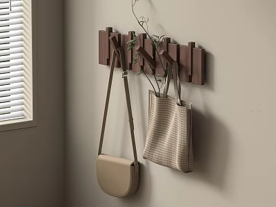 Wall Mounted Wooden Hooks Holding Bags And Plant For Home Decor 3d model
