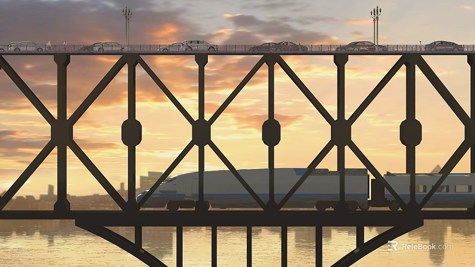 Steel Truss Bridge Carries Cars And High Speed Train At Golden Sunset Over Calm River 3d model 