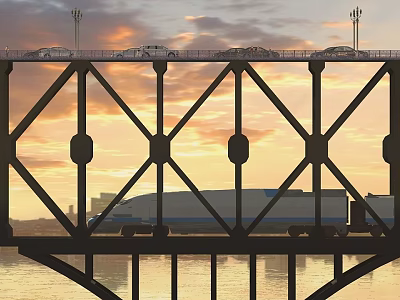 Steel Truss Bridge Carries Cars And High Speed Train At Golden Sunset Over Calm River 3d model