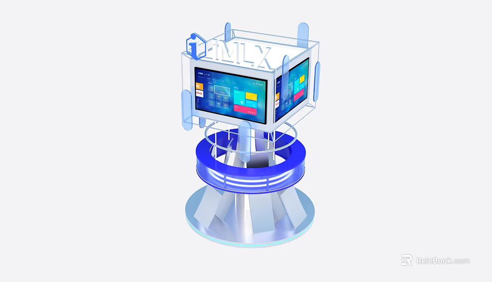 Art Installation Featuring Transparent Frame ENLYX Dual Screens Colorful Interface Blue Circular Base 3d model 