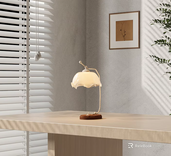 Modern Table Lamp White Lampshade Wooden Base On Light Table Near Window Blinds And Plant 3d model 