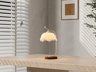 Modern Table Lamp White Lampshade Wooden Base On Light Table Near Window Blinds And Plant 3d model