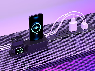 Wireless Headphones Charging Dock With Smartphone Power Strip And Time Display Modern Purple Lighting 3d model