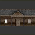 Log Cabin Exterior With Gray Shingle Roof Multiple Windows And Wooden Door