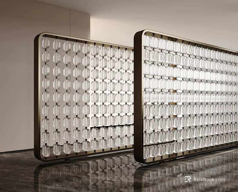 Modern Decorative Screen with Geometric Metal Frame and Transparent Grid Panels for Interior Design 3d model 