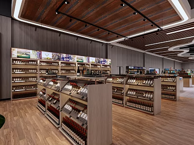 Modern Supermarket Department Store Interior with Neatly Arranged Shelves Displayed Goods and Wooden Flooring 3d model
