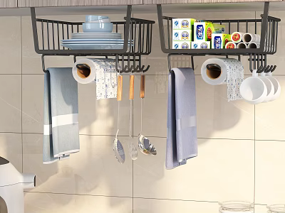 Organized Bathroom Cabinet Rack With Hanging Towels Plates Cleaning Supplies Cups And Toilet Paper Rolls 3d model