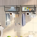 Organized Bathroom Cabinet Rack With Hanging Towels Plates Cleaning Supplies Cups And Toilet Paper Rolls