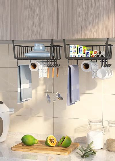 Organized Bathroom Cabinet Rack With Hanging Towels Plates Cleaning Supplies Cups And Toilet Paper Rolls 3d model