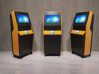 Public Facility Three Yellow And Black Self Service Kiosks With Screen Displays 3d model