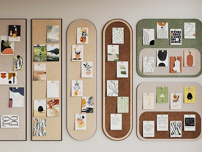 Stylish Photo Wall Boards In Various Shapes With Decorative Cards Illustrations And Artworks 3d model