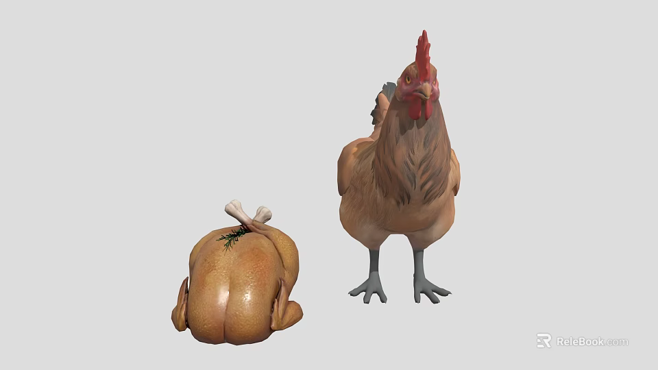Standing Rooster With Red Comb And Roasted Chicken With Bone And Rosemary 3d model 